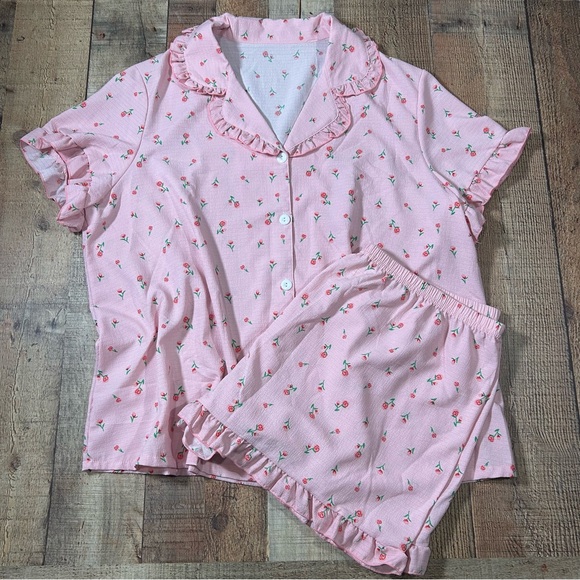 Other - Coquette Pink Ruffle Pajama Set Floral Cottagecore Sleepwear Shorts 2X Plus